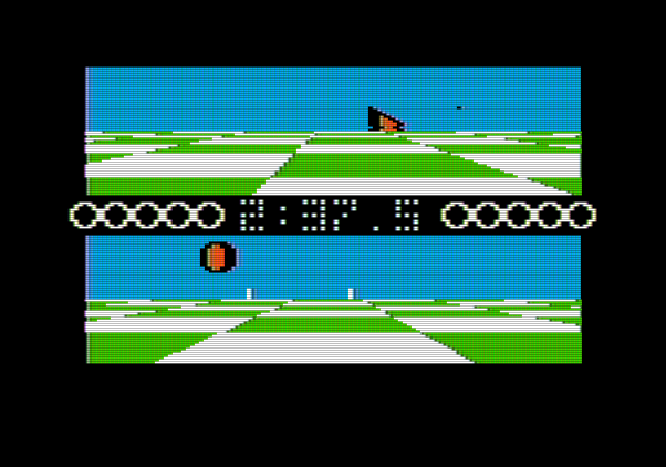 Ballblazer Apple II Screenshot: The bottom player has the goal in sight!