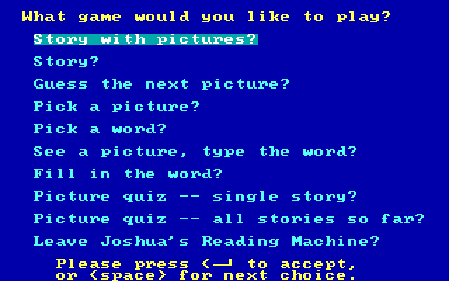 Joshua's Reading Machine: Children's Songs IBM PC/Compatibles Screenshot: Main menu.