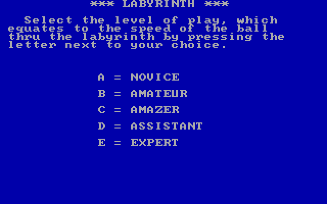 Labyrinth IBM PC/Compatibles Screenshot: Select a difficulty level.