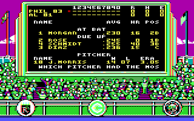 The World's Greatest Baseball Game (Enhanced Version) IBM PC/Compatibles Screenshot: The scoreboard, complete with a trivia question scrolling along the bottom.