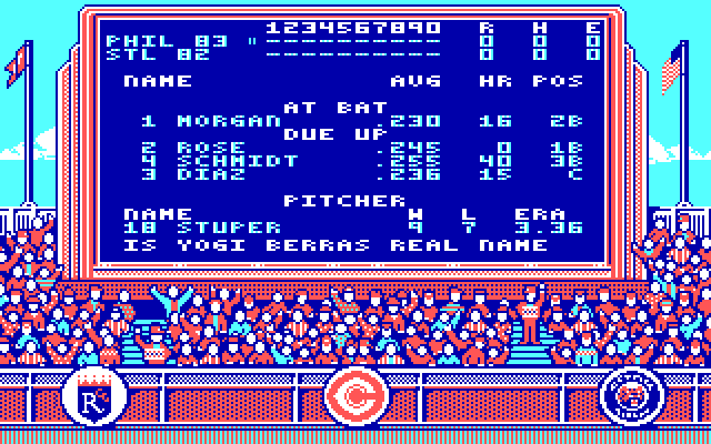 The World's Greatest Baseball Game (Enhanced Version) IBM PC/Compatibles Screenshot: The scoreboard, complete with a trivia question scrolling along the bottom.