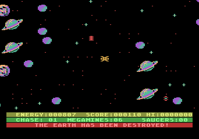 Astro Chase Atari 5200 Screenshot: Game over! The screen flashes different colors when the Earth is destroyed.