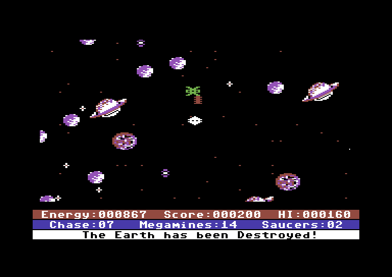 Astro Chase Commodore 64 Screenshot: Game over. The screen flashes different colors...