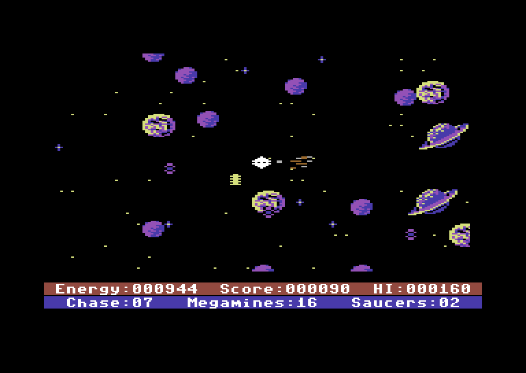 Astro Chase Commodore 64 Screenshot: One enemy destroyed, many more to go...
