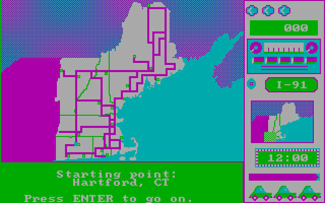 Road Rally U.S.A. IBM PC/Compatibles Screenshot: I'm beginning the game in Hartford, CT.