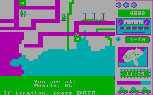 Road Rally U.S.A. IBM PC/Compatibles Screenshot: In Mobile, AL: haven't quite reached my destination yet.