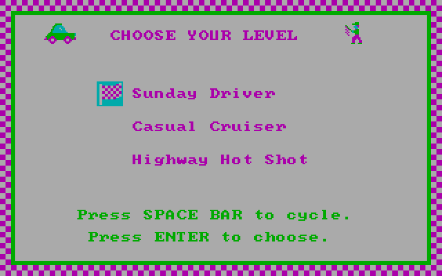Road Rally U.S.A. IBM PC/Compatibles Screenshot: What's your skill level?