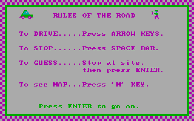 Road Rally U.S.A. IBM PC/Compatibles Screenshot: Here's the rules of the road...