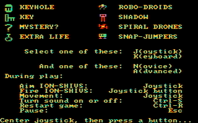 Shamus IBM PC/Compatibles Screenshot: The cast of characters and some game options.
