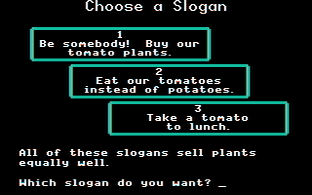 Market Place, The IBM PC/Compatibles Screenshot: First, choose a slogan...