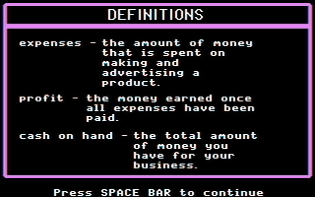 Market Place, The IBM PC/Compatibles Screenshot: The game instructions provide some definitions...