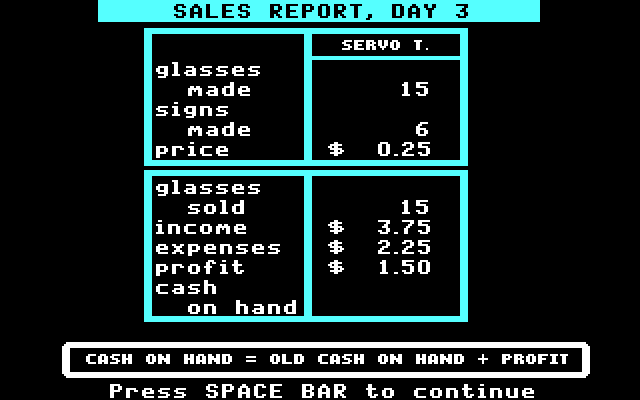 Market Place, The IBM PC/Compatibles Screenshot: My lemonade sales report.