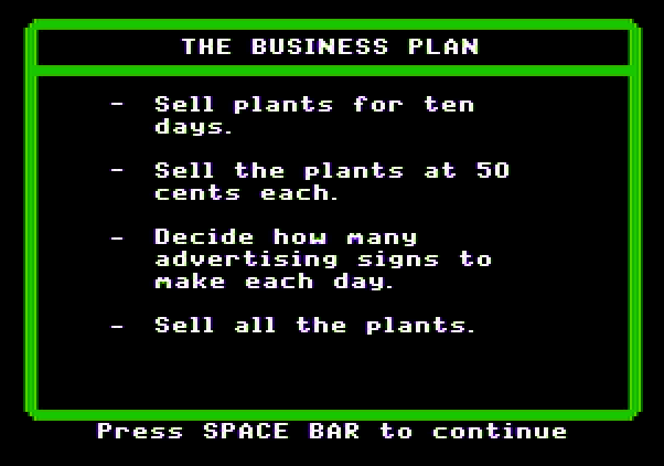 Market Place, The Apple II Screenshot: Here's your business plan.
