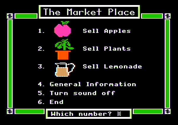 Market Place, The Apple II Screenshot: The main menu.