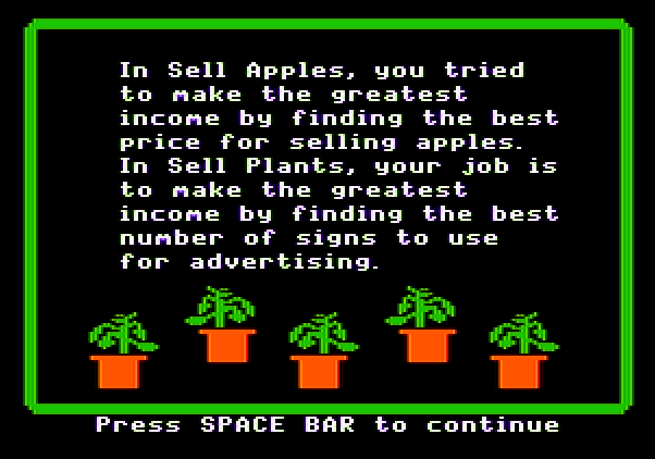Market Place, The Apple II Screenshot: Instructions for sell plants.