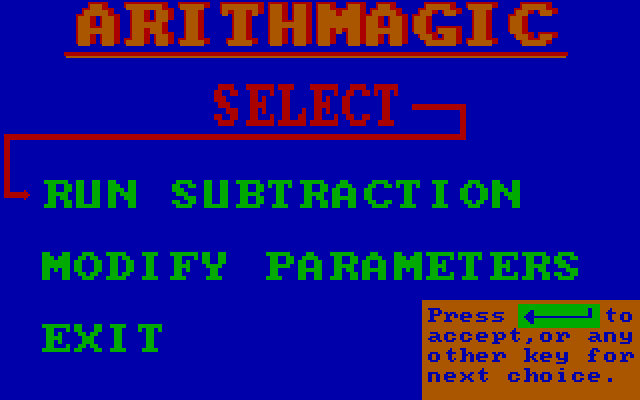 ArithMAGIC: Subtraction IBM PC/Compatibles Screenshot: The main menu.