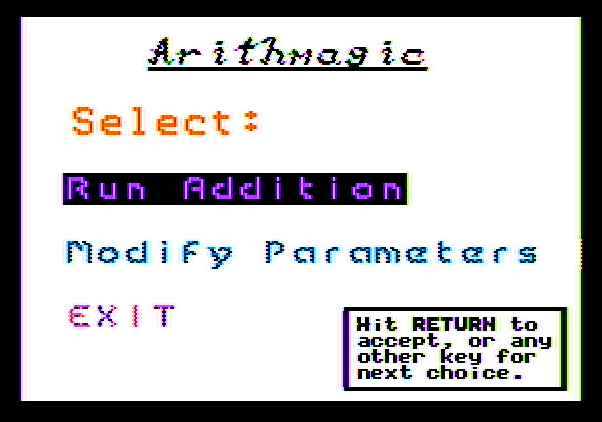 ArithMAGIC: Addition Apple II Screenshot: The main menu.