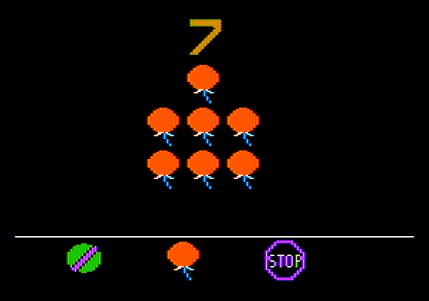 ArithMAGIC: Addition Apple II Screenshot: The icons at the bottom allow you to quit the game, retry the problem, or move on to the next one.