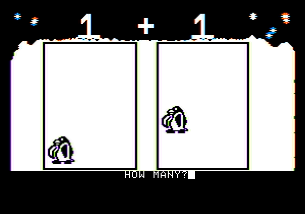 ArithMAGIC: Addition Apple II Screenshot: Game start; how many penguins do we have here?