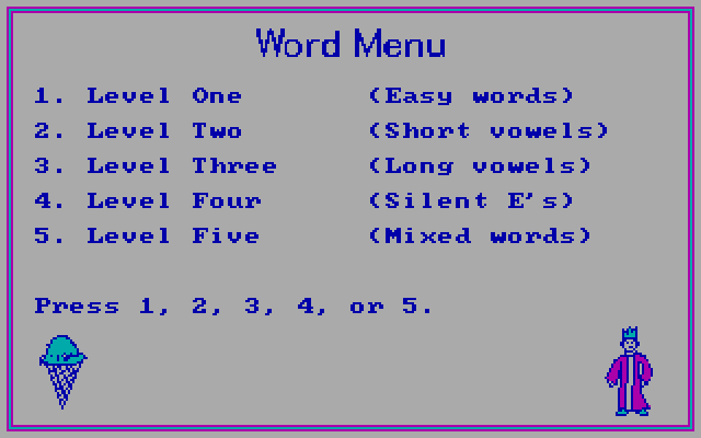 Roll-A-Word IBM PC/Compatibles Screenshot: The word menu.
