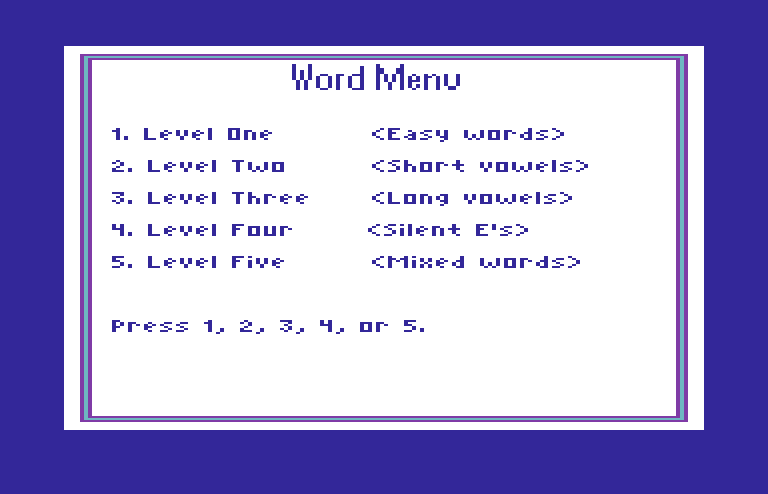 Roll-A-Word Commodore 64 Screenshot: The word menu.
