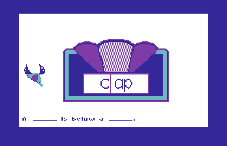 Roll-A-Word Commodore 64 Screenshot: A cap flies into place...