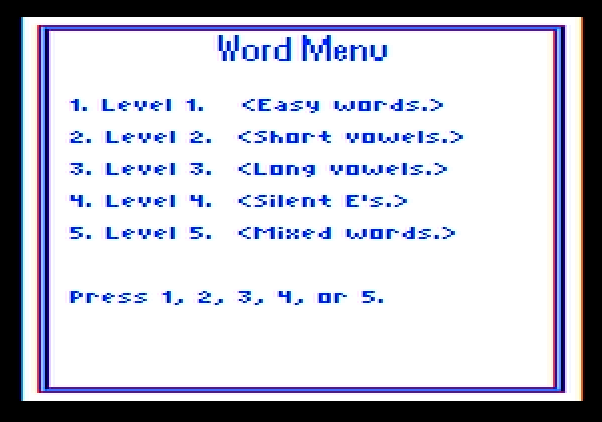 Roll-A-Word Apple II Screenshot: The word menu.