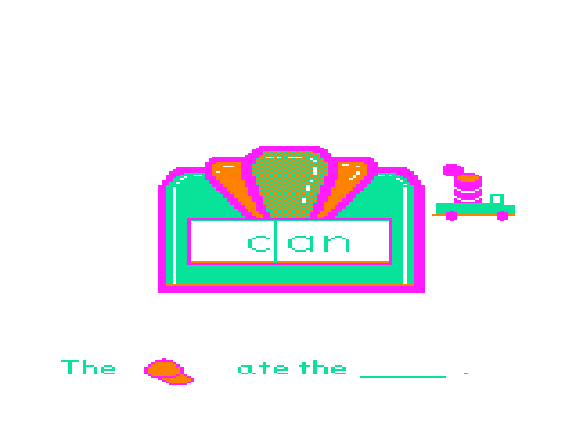 Roll-A-Word TRS-80 Color Computer Screenshot: A truck delivers the can into my rather odd sentence...