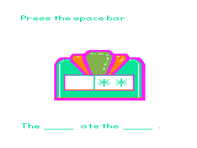 Roll-A-Word TRS-80 Color Computer Screenshot: Press the space bar to roll some words!