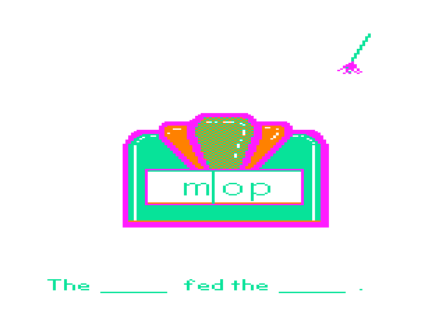 Roll-A-Word TRS-80 Color Computer Screenshot: Looks like I have a mop...