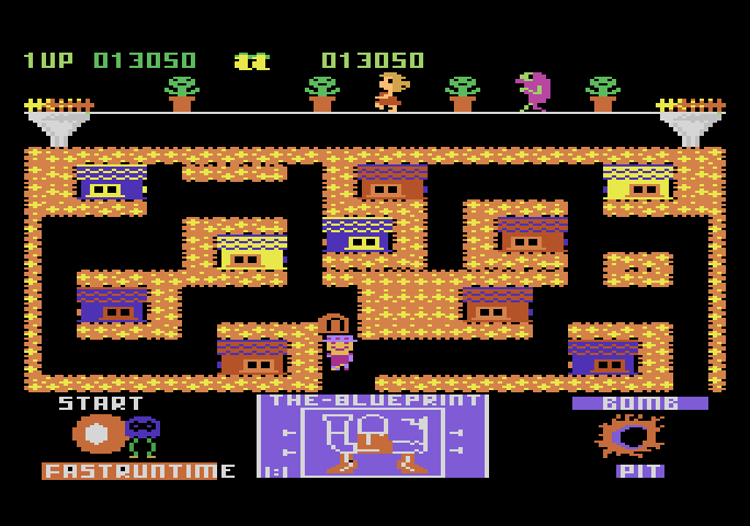 Blueprint Atari 5200 Screenshot: The monster attempts to press the start button causing all the parts to fall off of the blue print.