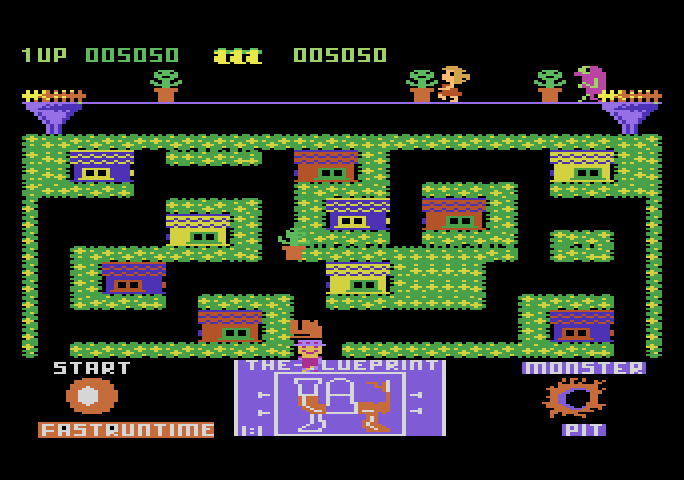 Blueprint Atari 5200 Screenshot: Drag parts to the blue print, but don't get hit by falling plants...