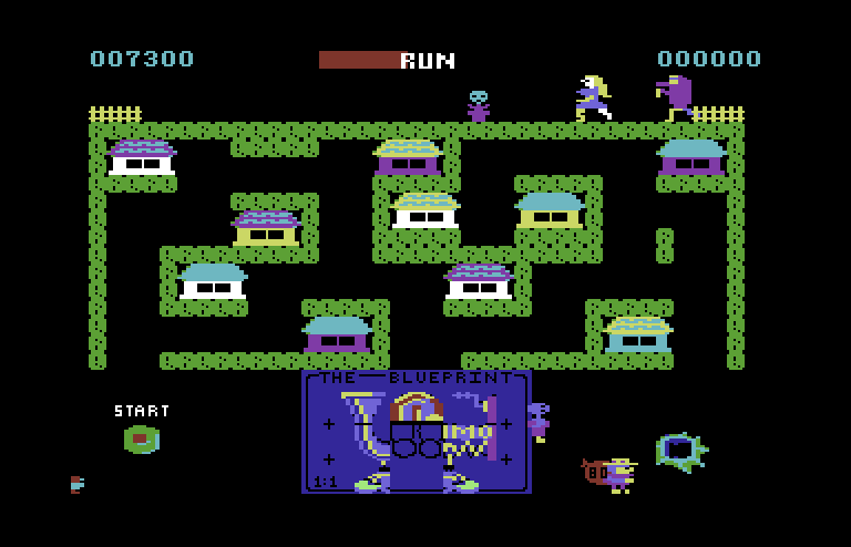 Blueprint Commodore 64 Screenshot: Carrying a bomb to the pit...meanwhile, don't get hit by the flower pot!