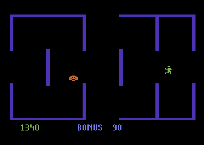 Berzerk Atari 5200 Screenshot: All robots destroyed...now make it to an exit!