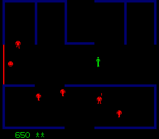 Berzerk Arcade Screenshot: It's easier to escape from Evil Otto by running horizontally.