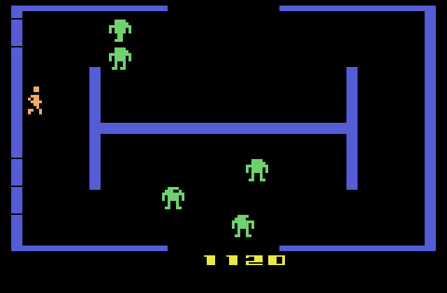 Berzerk Atari 2600 Screenshot: The robots change colors as their speed increases.