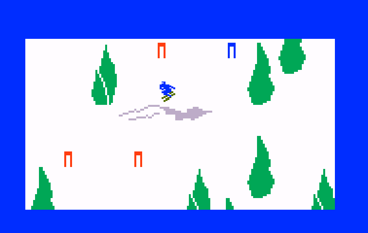 US Ski Team Skiing Intellivision Screenshot: Preparing to jump a hill...