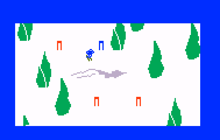 US Ski Team Skiing Intellivision Screenshot: Hills and obstacles are sometimes in the way...