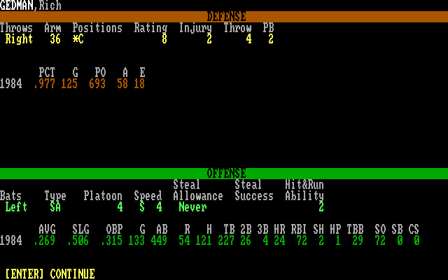 APBA Major League Players Baseball IBM PC/Compatibles Screenshot: Viewing player stats.
