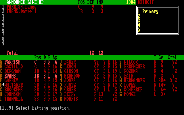 APBA Major League Players Baseball IBM PC/Compatibles Screenshot: Now to announce the lineup for the opposing team.