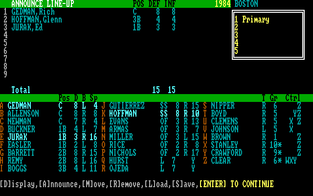 APBA Major League Players Baseball IBM PC/Compatibles Screenshot: Announcing the lineup.