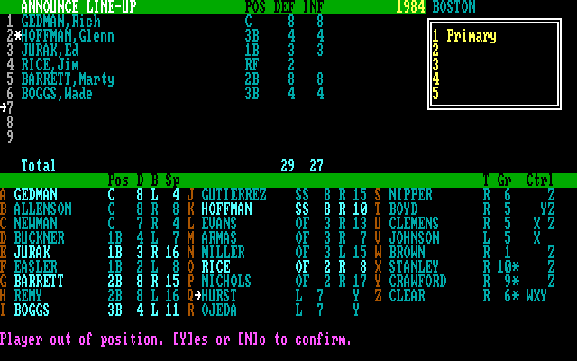 APBA Major League Players Baseball IBM PC/Compatibles Screenshot: The game warns you if you try to put a player out of position.