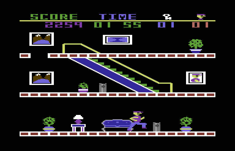 Heist, The Commodore 64 Screenshot: Escalators, if available, also help reach different floors.