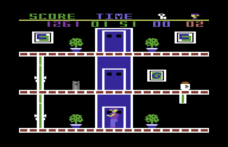 Heist, The Commodore 64 Screenshot: Use the elevator to reach the 2nd and 3rd floors.