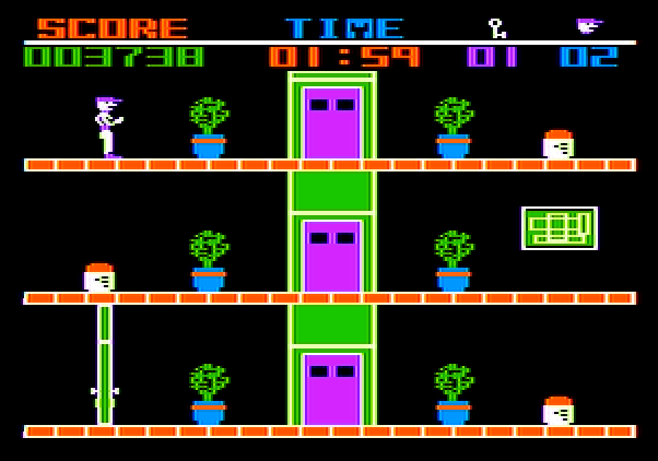 Heist, The Apple II Screenshot: Use the elevator to reach different floors.