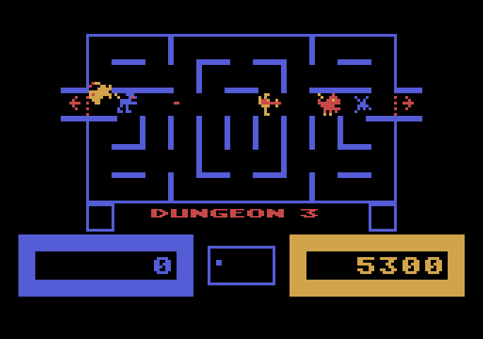 Wizard of Wor Atari 5200 Screenshot: Don't get caught in the crossfire...