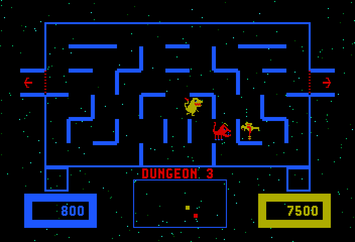 Wizard of Wor Arcade Screenshot: The yellow and red monsters move faster than the blue ones...