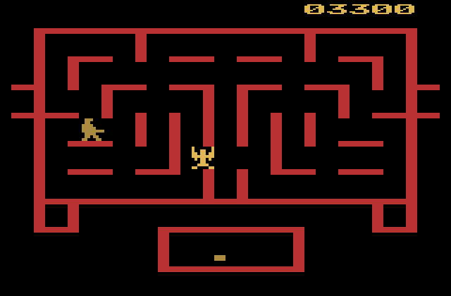 Wizard of Wor Atari 2600 Screenshot: The Worluk appears! Shoot it for bonus points.