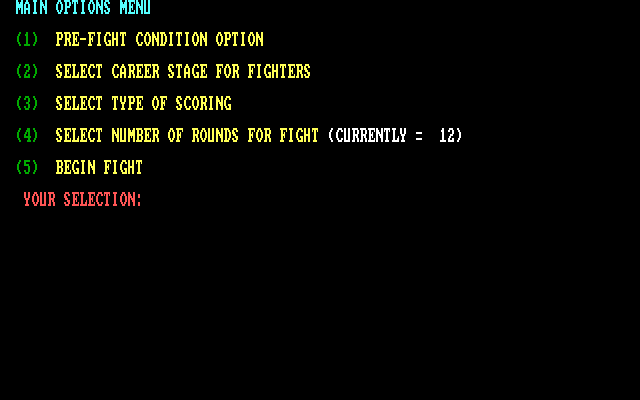 TKO Pro Boxing IBM PC/Compatibles Screenshot: The main options menu.