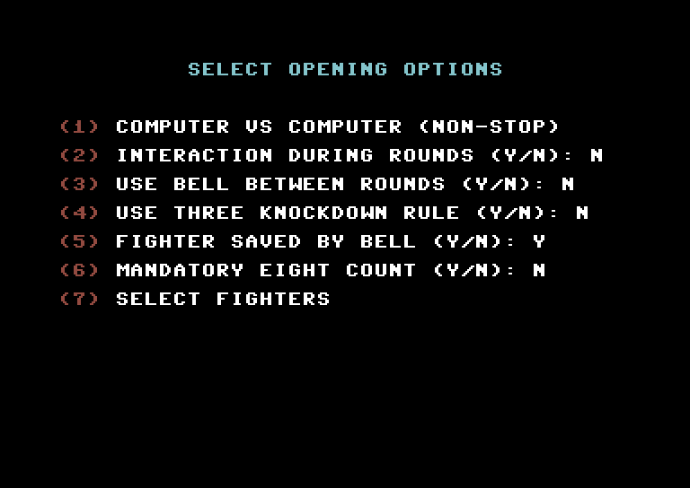 TKO Pro Boxing Commodore 64 Screenshot: The main menu.